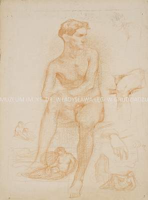 Studium aktu siedzącego mężczyzny oraz szkice: postaci, dłoni i kolana